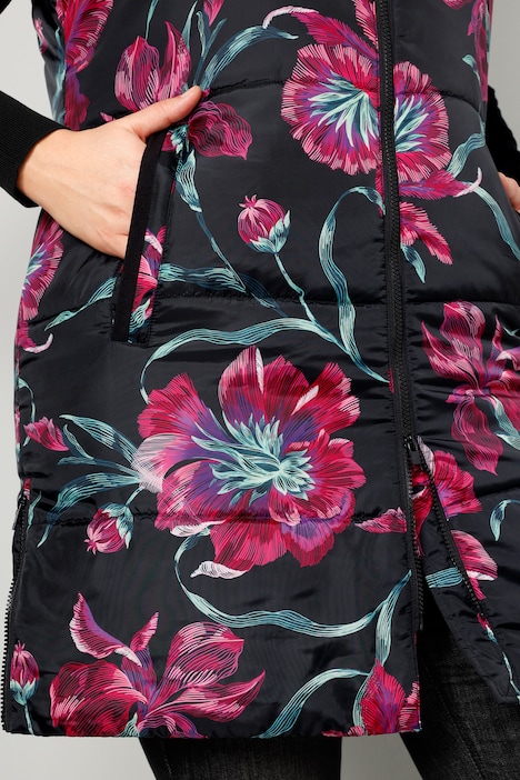 Long-Steppweste, Kapuze, Alloverdruck, Zipper
