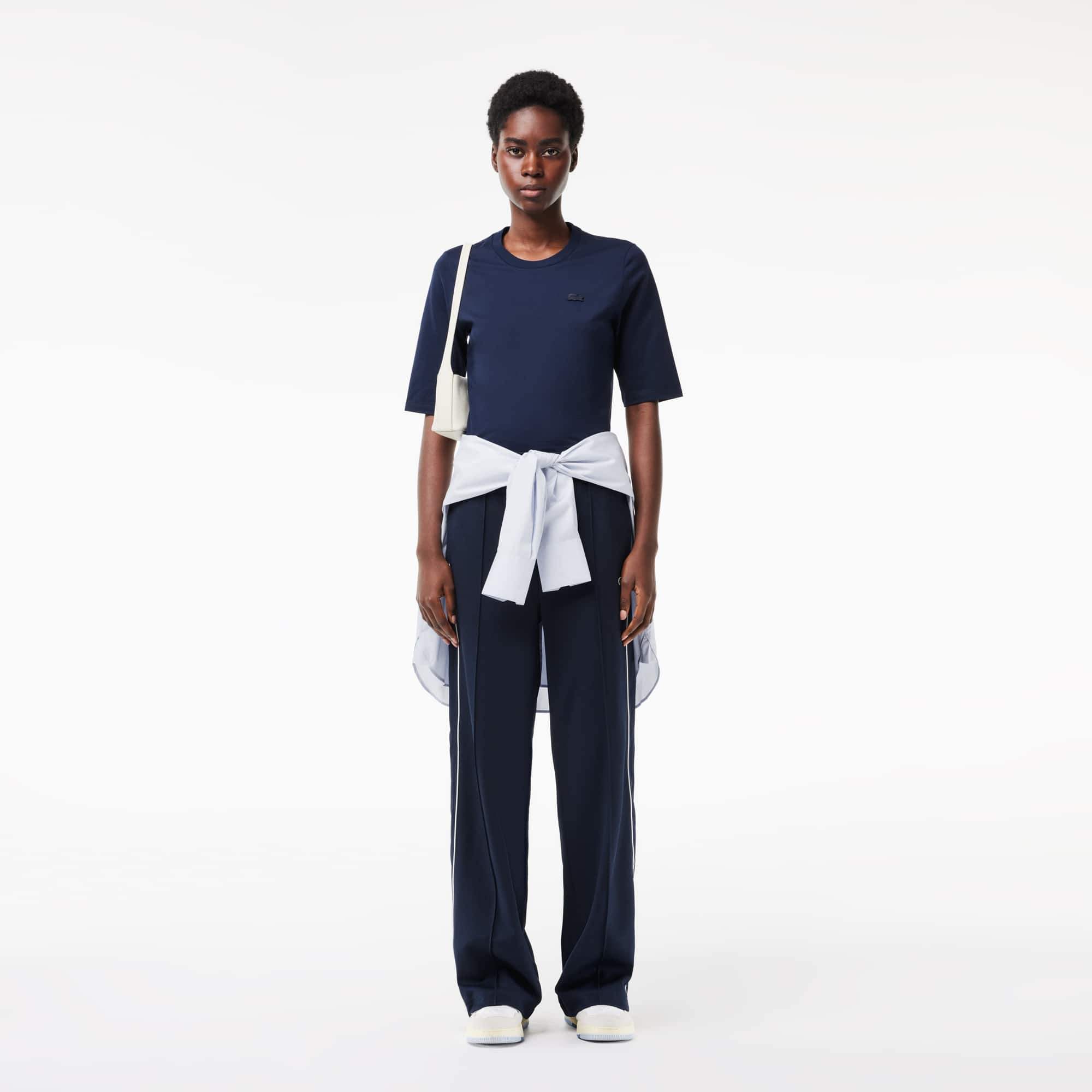 T-shirt à col rond et manches trois-quarts en coton uni T-Shirts - Bleu - Lacoste - Femme