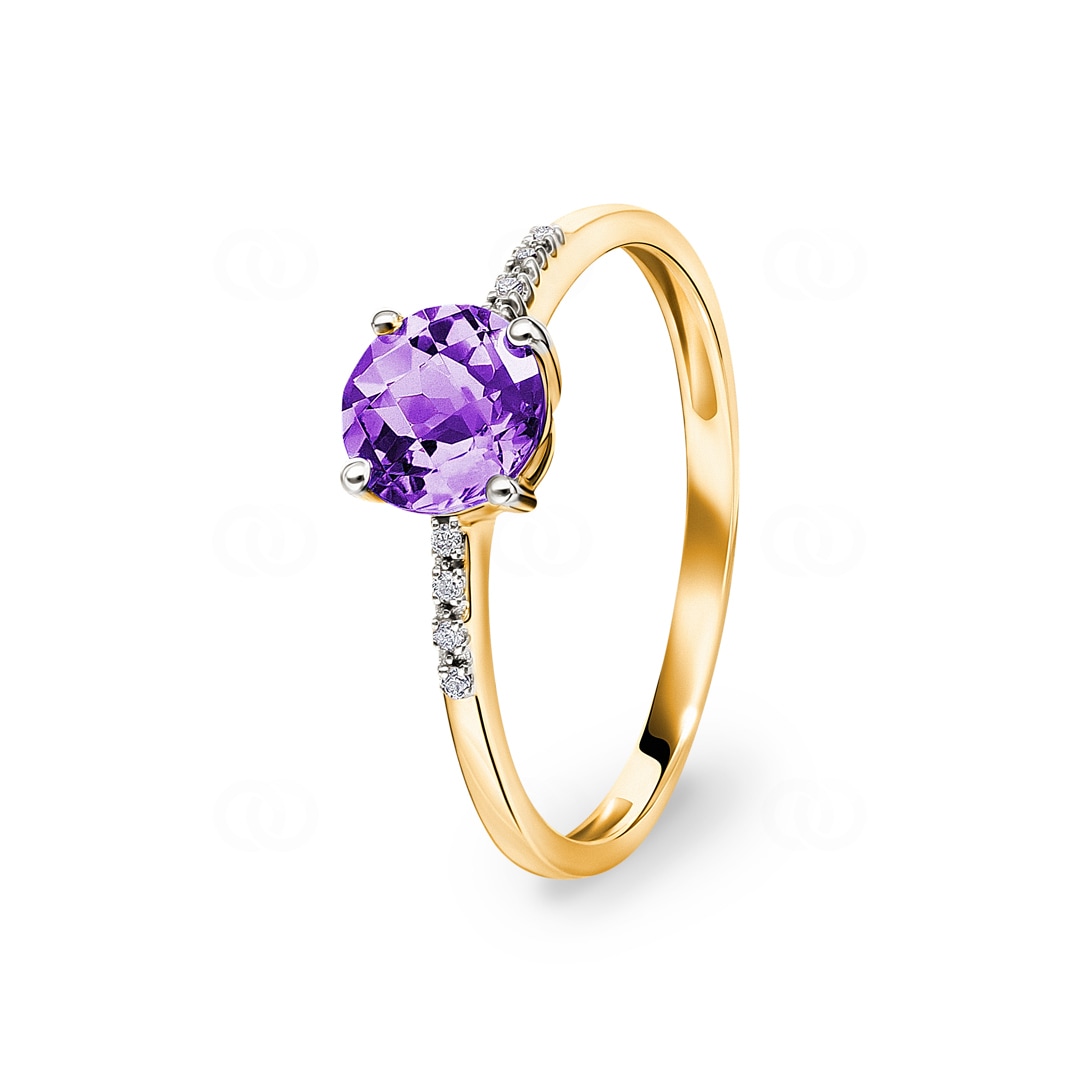 Damenring 750/18 K Gelbgold mit Amethyst rund und Diamanten 0.02 ct H/si