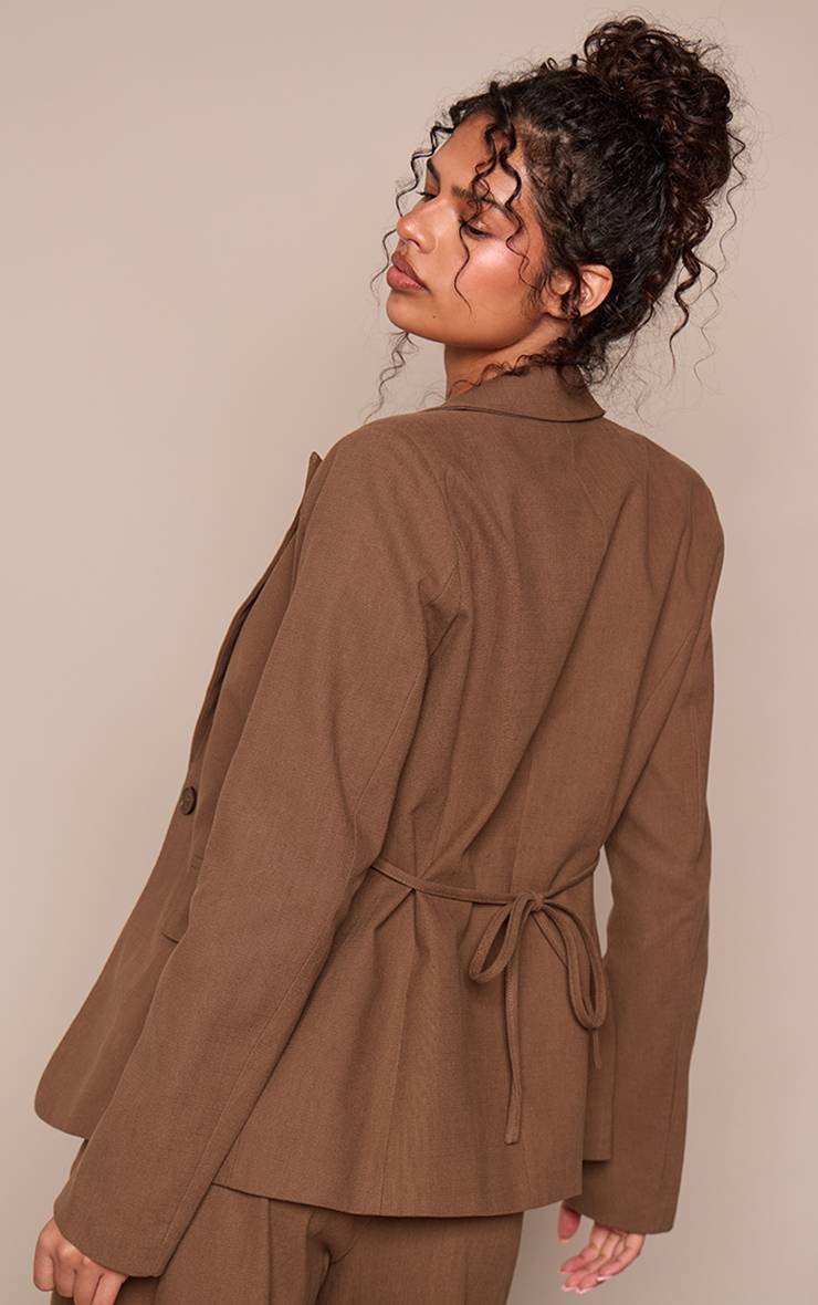 Marron Foncé Blazer Ajusté Effet Lin Ensemble Coordonné