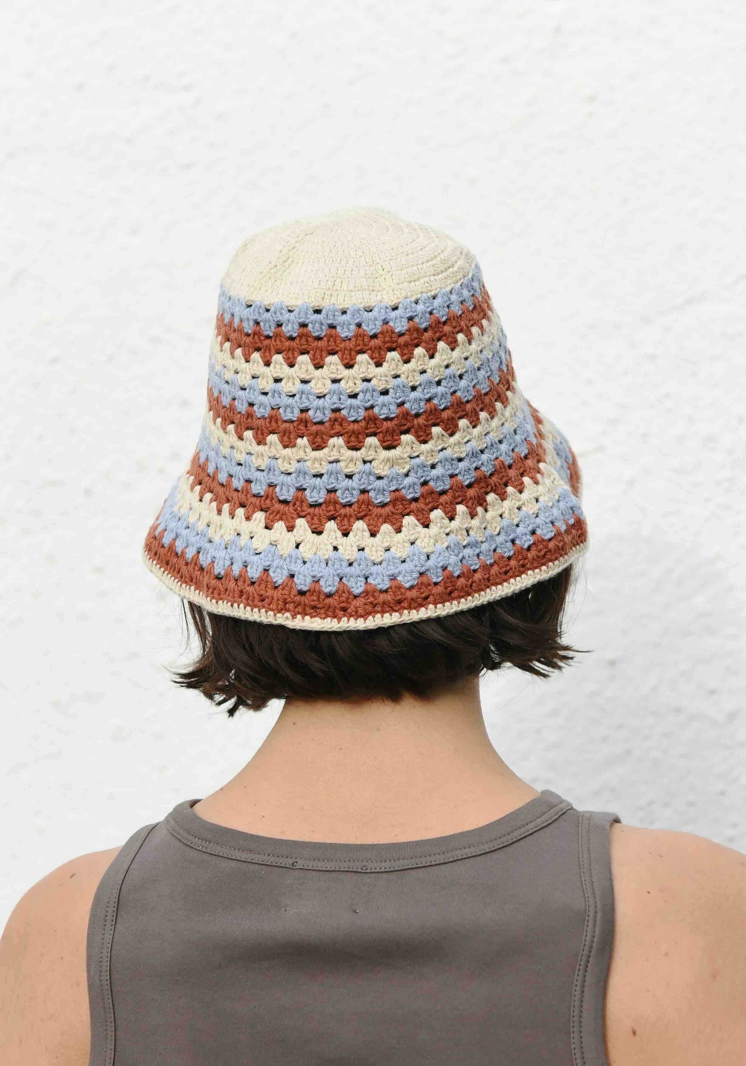 Jungle Folk Hut Crochet Bucket Hat Natural/Ice Blue/Brick