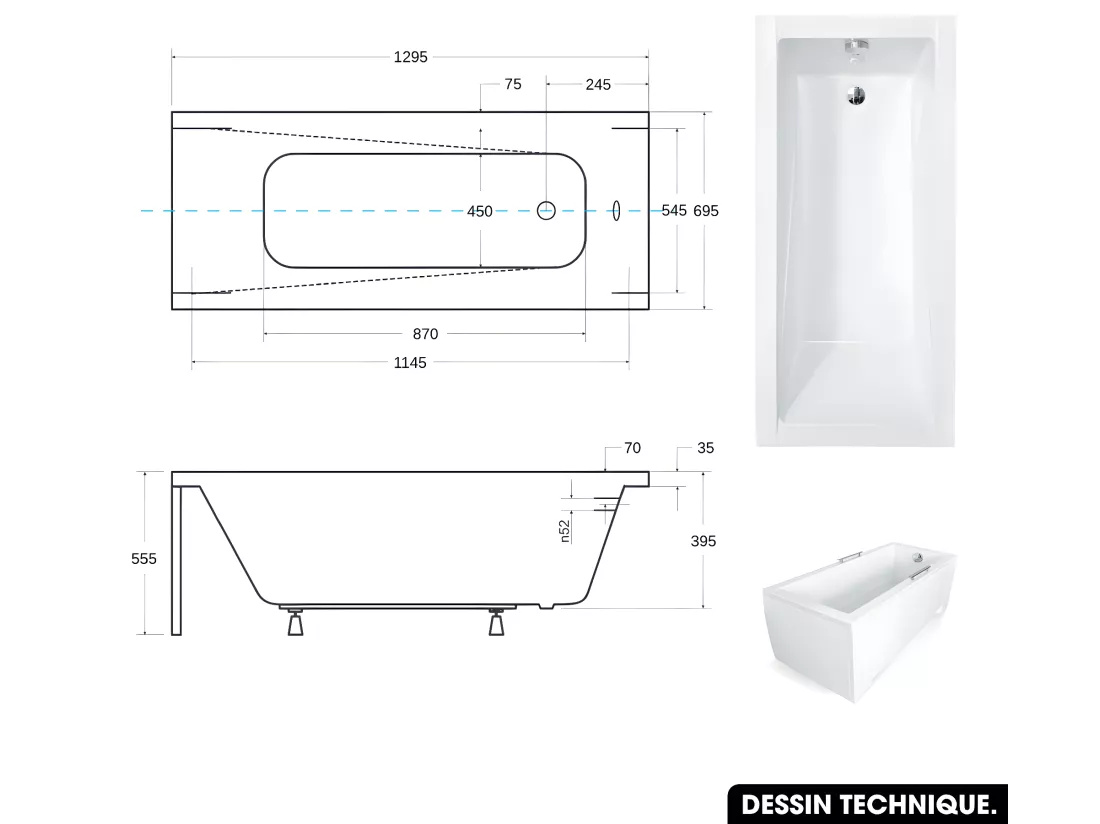 Baignoire rectangulaire - avec Tablier Blanc et Repose Tête OFFERT | MODERN | 130 x 70 cm