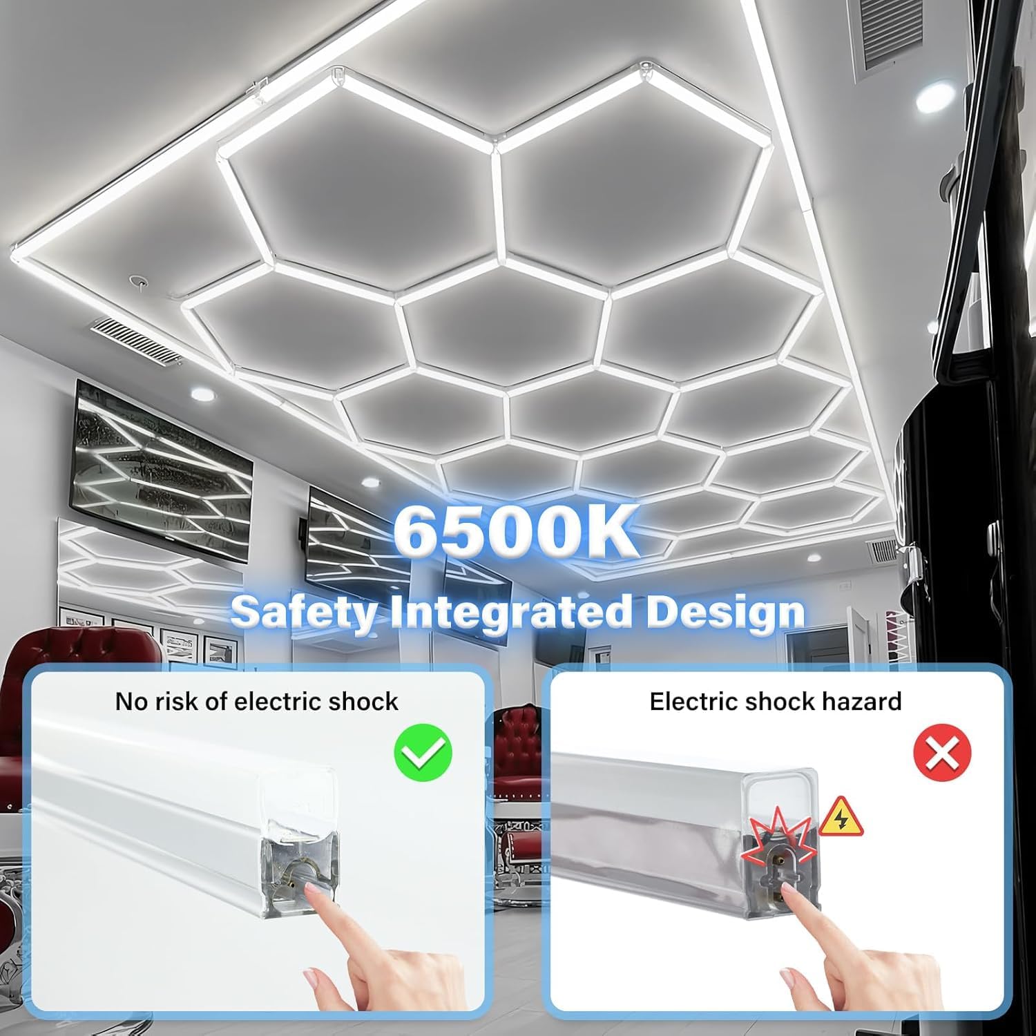 Hexagon LED Garagenlicht, 200W 6500K 86400LM 25Pack 14 Gittersysteme mit Border Garage Wabenlicht Decke LED für Gym Keller Lager Detaillierung Werkstatt Beleuchtung (Hexagon-14-Rahmen)