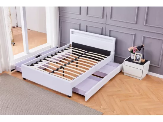 Lit adulte 140x190 cm tiroirs et led blanc sommier inclus