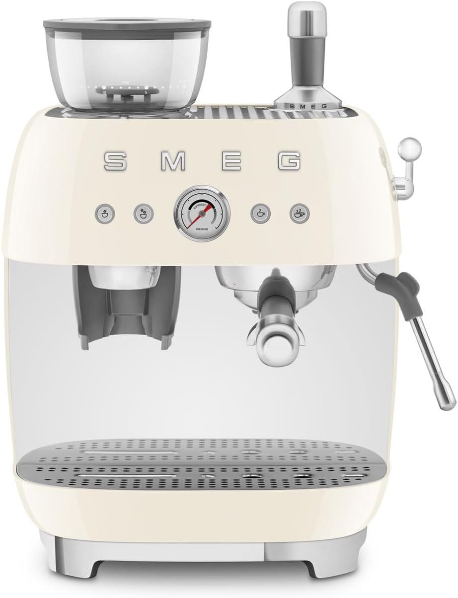 Smeg, Machine à Café Expresso Manuelle EGF03CREU, avec Broyeur à Grain Intégré, Thermoblock, 4 Niveaux de Température, Buse Vapeur et Manomètre, Réservoir 1 L, Dimensions Compactes, 1350W, Crème