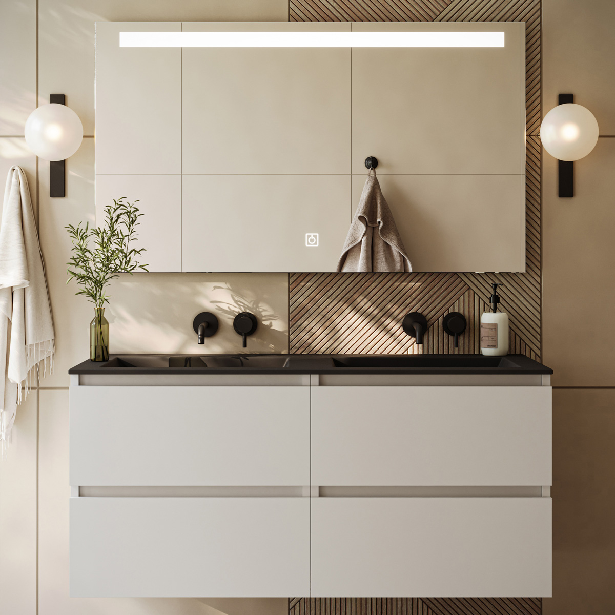Fontana Rovigo badmeubel 120cm wit mat met zwarte wastafel zonder kraangaten en spiegel met verlichting
