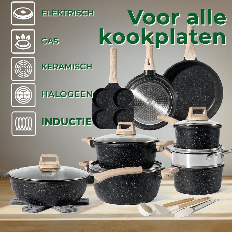 Just Perfecto 21 Delige Pannensets Inductie - Pannenset Met Deksel Voor Alle Warmtebronnen - Pannen Zonder PFOA - PFAS