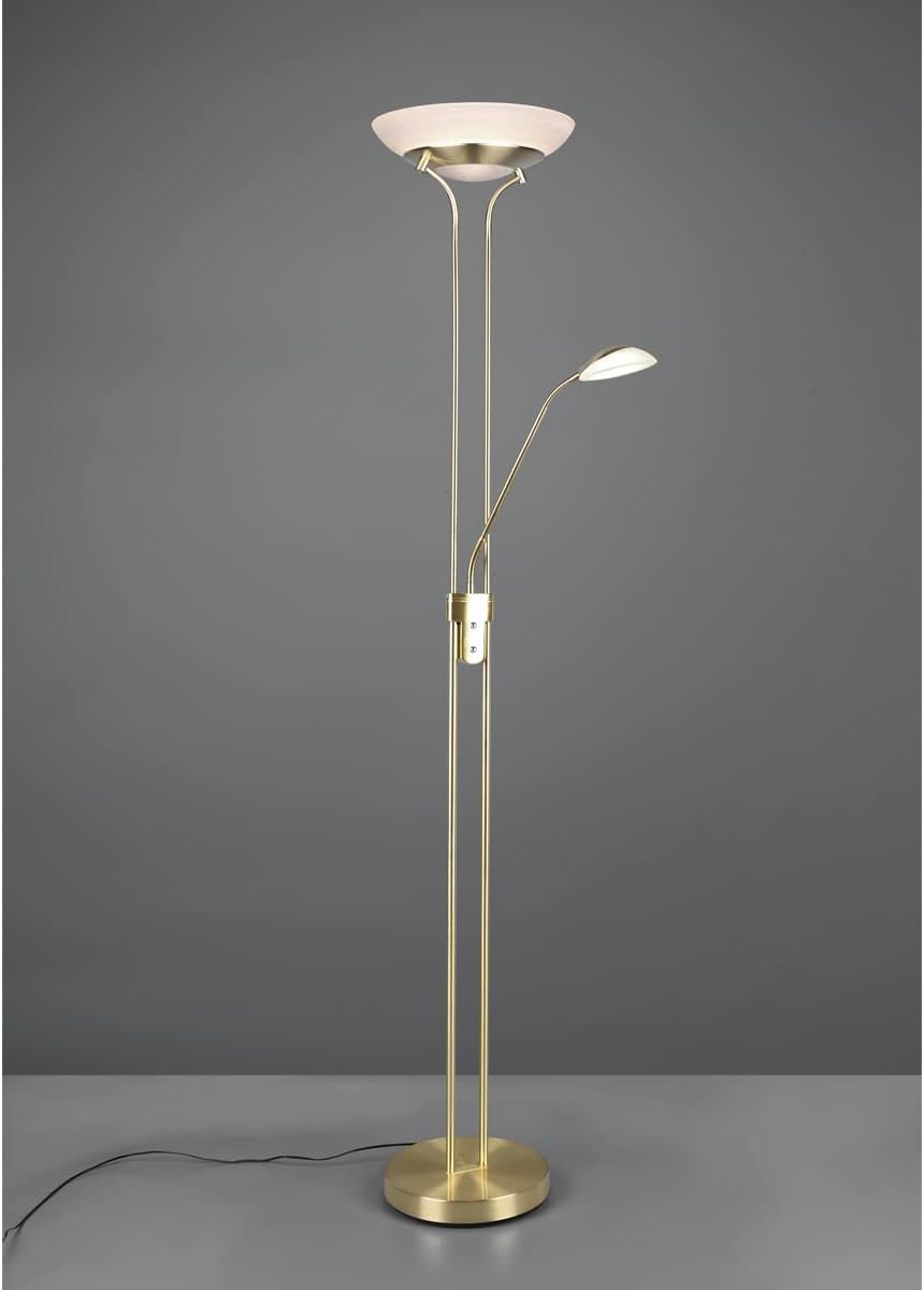 Reality Leuchten LED Stehleuchte Orson R40073508, Metall Messing matt, Glas alabasterfarbig weiß, inkl. 27 Watt LED + 4.5 Watt LED, Dimmer