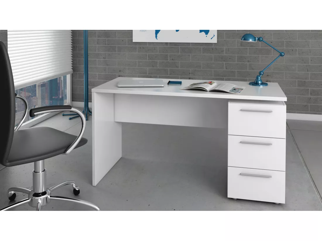 Bureau Dbuttar, Bureau moderne, Table d'étude avec commode avec 2 tiroirs et 1 porte, 138x60h74 cm, Blanc