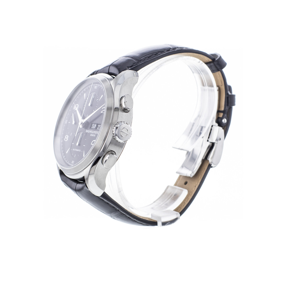 Montre d'occasion Baume & Mercier Clifton homme chronographe automatique acier bracelet cuir noir