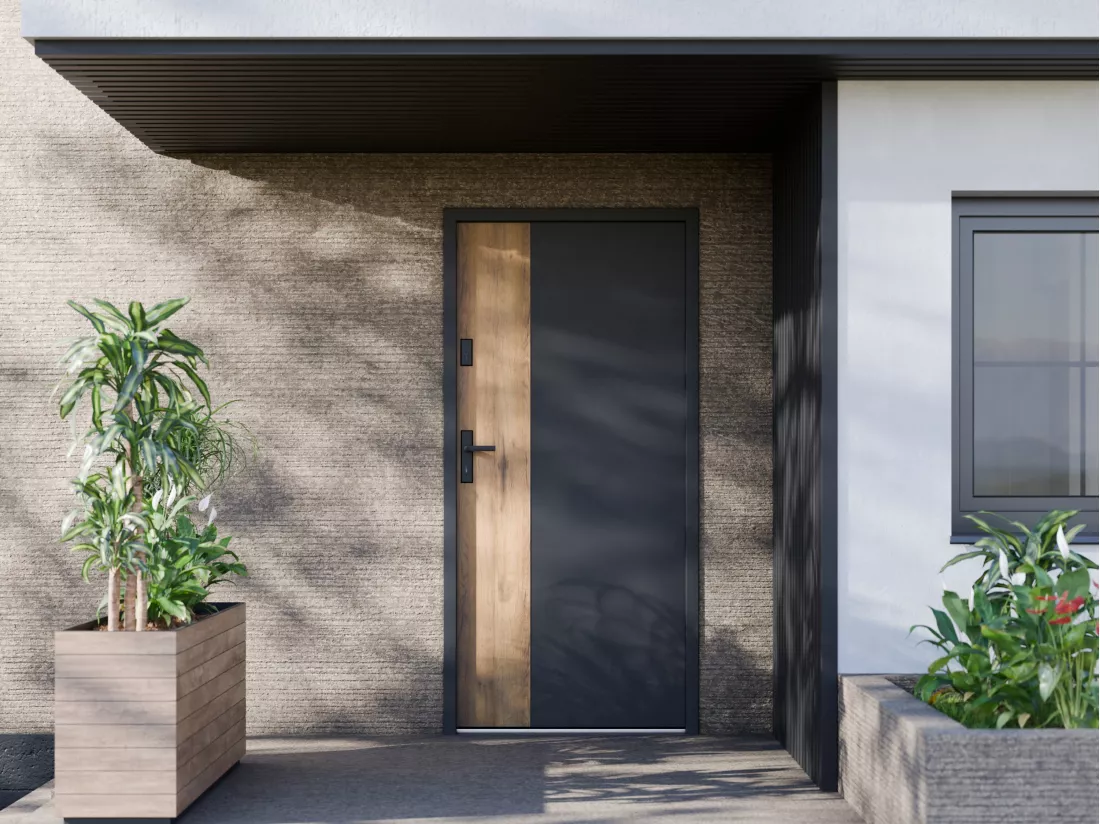Porte d'entrée pleine en acier H207 x L100 cm - Noir et effet chêne - poussant droit - MABENA