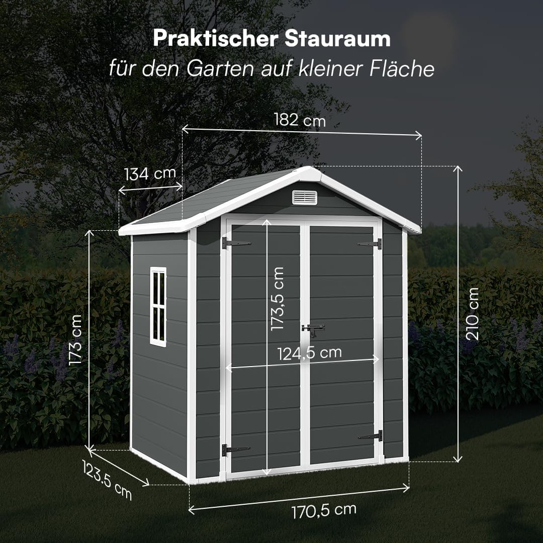 STEELSØN Novara Gerätehaus – Gartenschuppen mit Satteldach & Fenster – Gartenhaus 210x134x182 cm (HxTxB) – Geräteschuppen aus Kunststoff in Anthrazit – Gartenhütte wetterfest & rostfrei – Schuppen