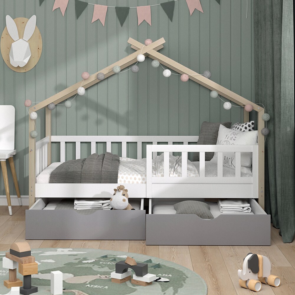 VitaliSpa Kinderbett Hausbett Einzelbett Design Weiß Grau Natur modern 80x160 cm Kinderzimmer Bett Massivholz Lattenrost Schublade Rausfallschutz Schubladenbett Matratze