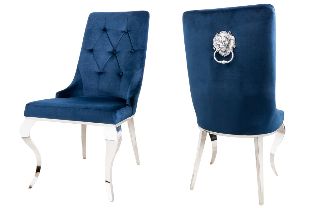 Design Stuhl MODERN BAROCK royalblau Samt mit silbernem Löwenkopf