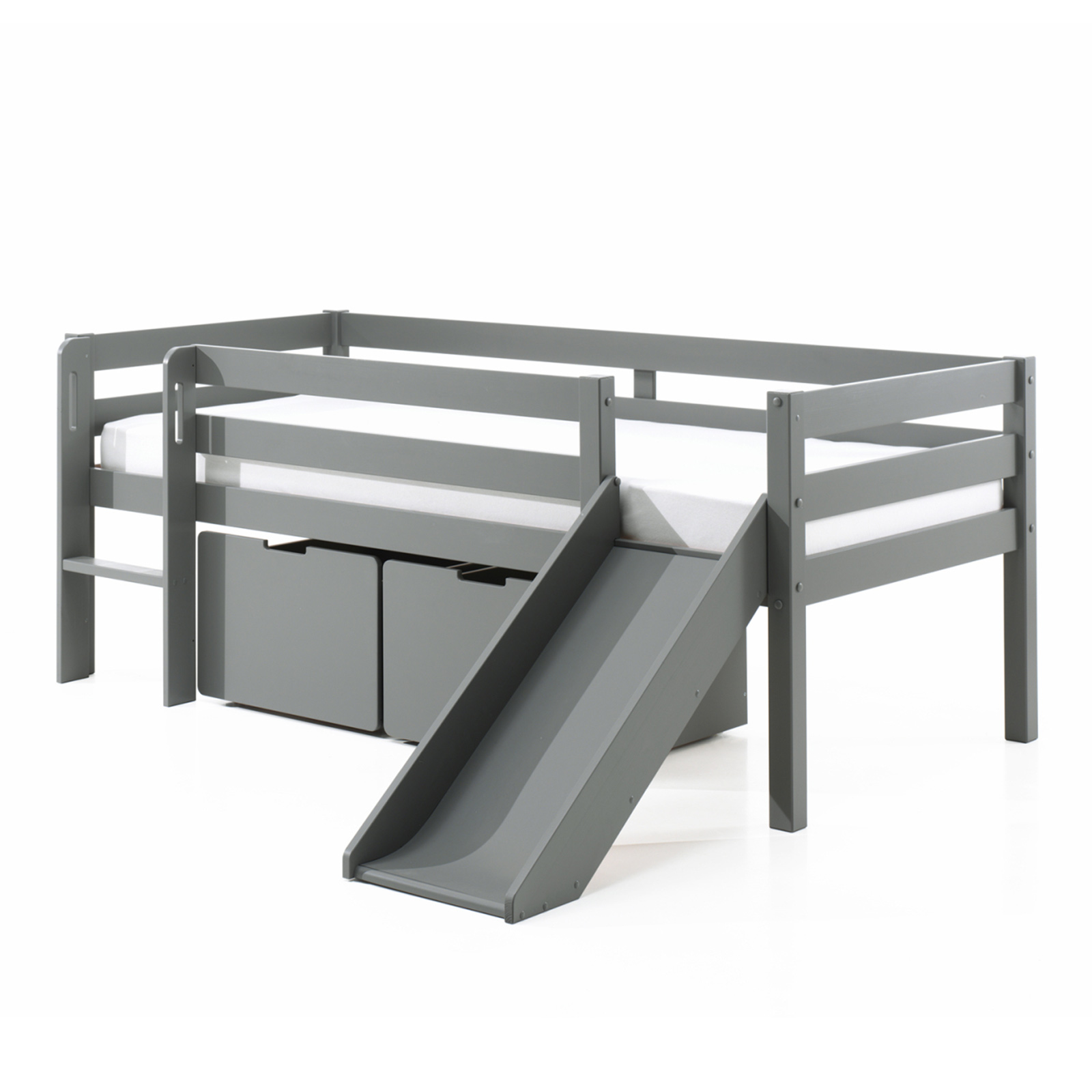 Kojen-Spielbett - grau - Leiter - Schubkästen - Rutsche - 90x200 cm