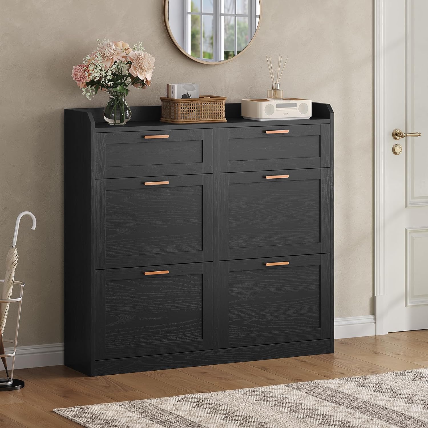 Meuble Chaussure Entrée, Porte Chaussures avec 4 Tiroirs Rabattables et Cloisons Réglables, 2 Tiroirs, Pour 16-24 Paires, Armoire à Chaussure pour Entrée, Couloir, Dressing, 24 x 100 x103 cm, Noir IB1609327