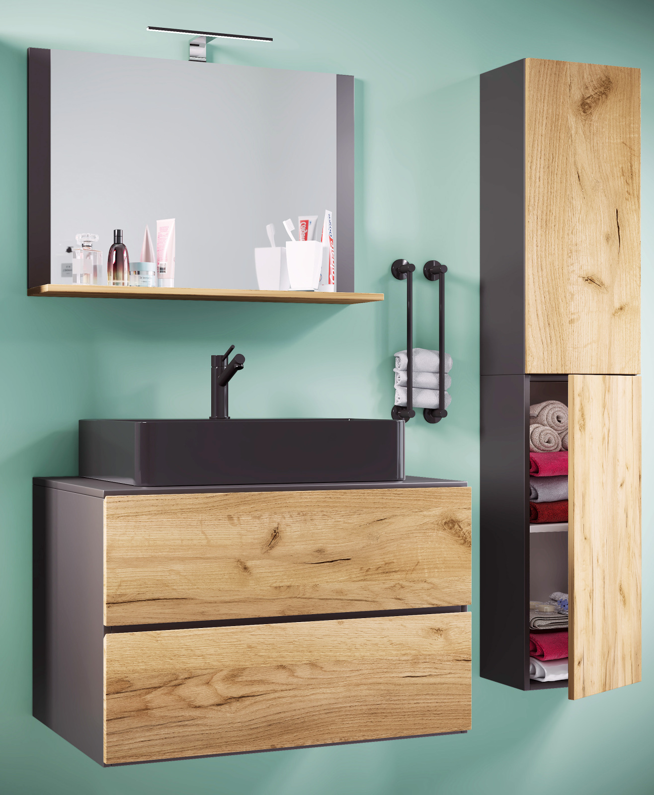 4-teiliges Badmöbel-Set LENDAS L - anthrazit - Honig Eiche - mit Hochschrank - 80 cm