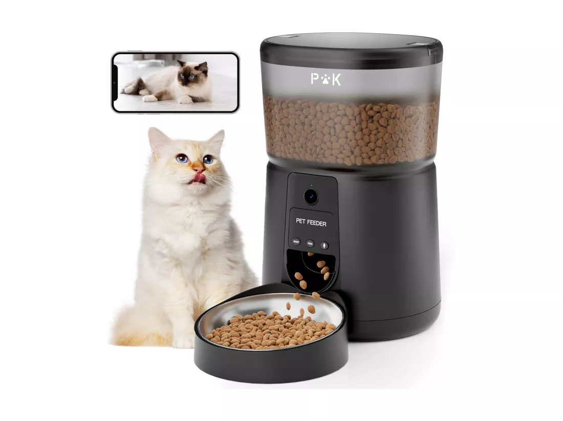 Distributeur Croquettes Chat Automatique, 4L Mangeoire Automatique pour Chat avec Caméra 1080P 2,4 G WiFi Enregistrement Vocal (Noir)