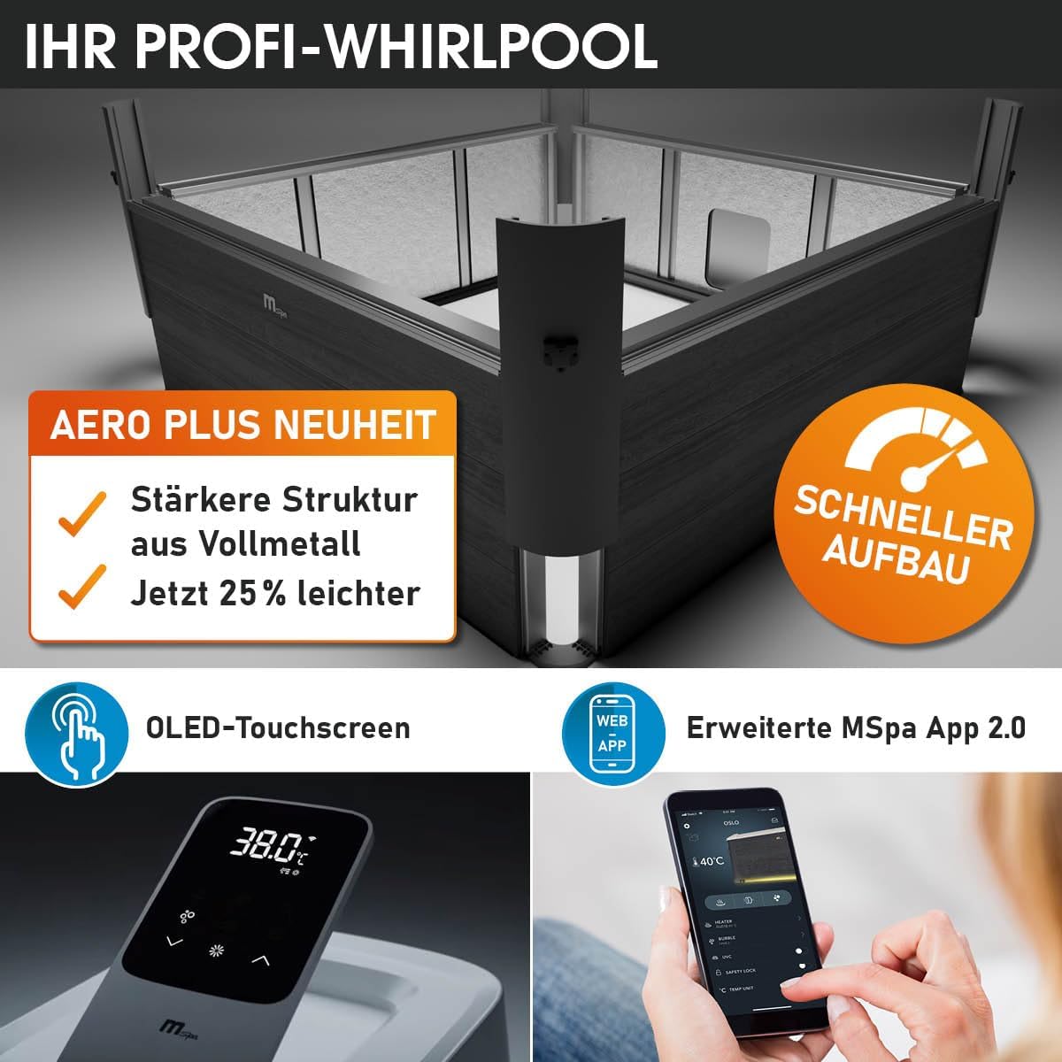 BRAST Whirlpool MSpa Oslo Aero Plus XXL mit Fester Außenwand | LED-Beleuchtung 20 einstellbare Farben für 6 Personen | 180x180x65cm | 140 Massagedüsen | Ganzjähriger Einsatz Winterfest | In & Outdoor