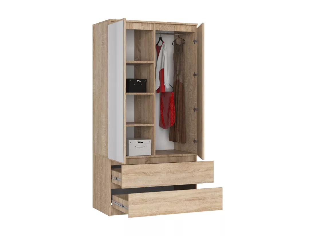 Armoire AKORD S90 avec miroir Chêne Sonoma 90 cm 2 portes 2 tiroirs façade Chêne Sonoma 4 étagères 90x51x180 cm