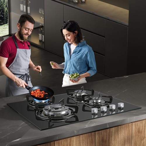 TopStrong Plaque de Cuisson Gaz 4 Feux, 60cm Plaque Gaz 4 Feux avec Sécurité Thermocouple, Cuisinière Encastrable, Naturel/Propane, 8060W, 220 240 V, Verre Noir : Gros électroménager