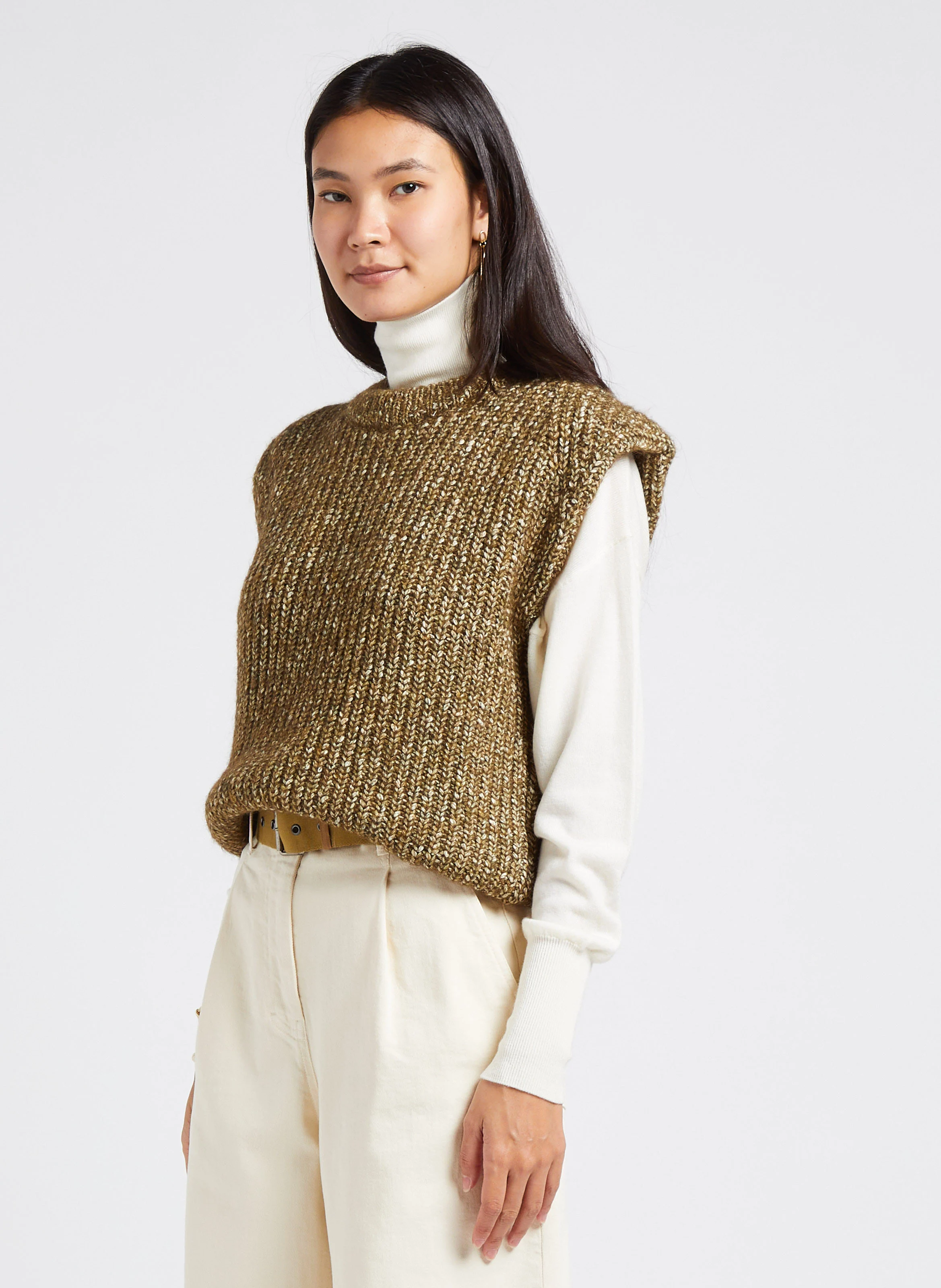 KENDRA - Pull col rond en coton et en laine mélangés | Kaki