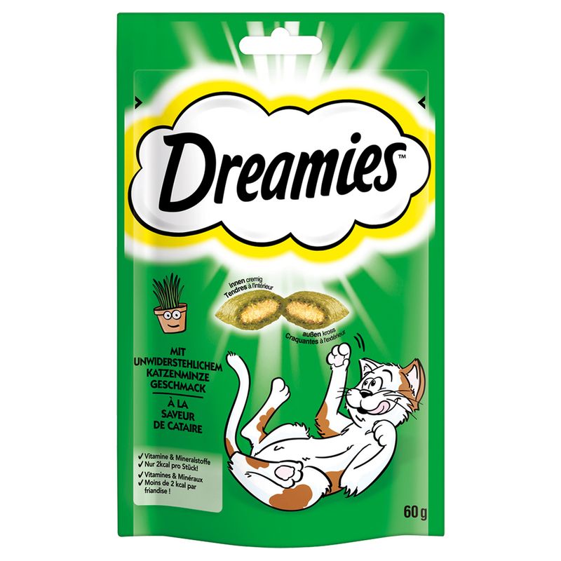 Friandises Dreamies Catisfactions, herbe à chat