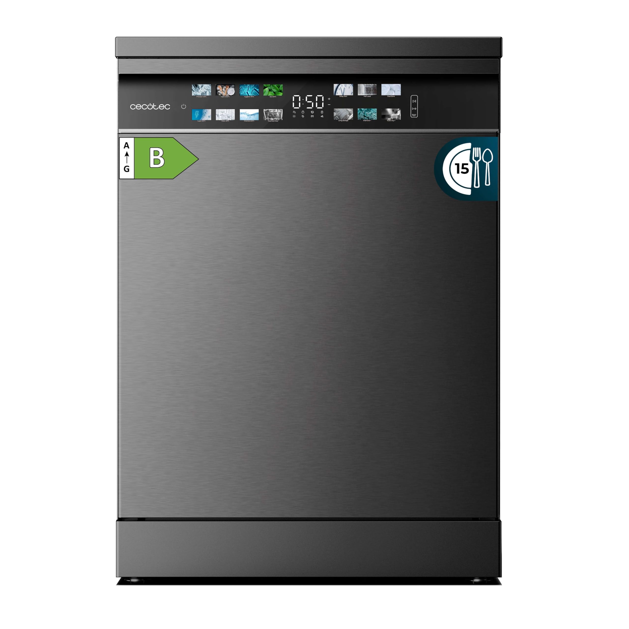 Cecotec Lave-vaisselle 60cm Bolero Aguazero 6700 Dark B Lave-vaisselle foncé, 15 couverts, Classe B, Moteur Inverter Plus, O2 Dry, Lavage Double Zone,