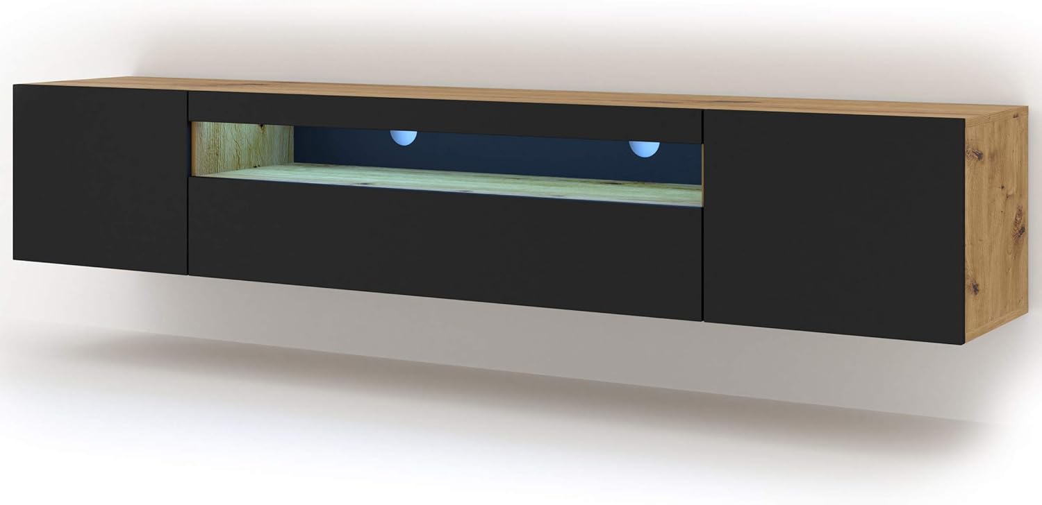 BIM Furniture Lowboard TV 200 cm - Universell Sideboard mit Laminierten Fronten und LED, Hängend oder stehend - Fernsehschrank HiFi Schrank fürs Wohnzimmer Artisan Eiche und Schwarz Matt