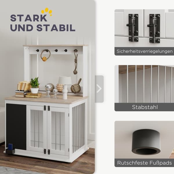 Hjem Hundebur Hundebur med 3 dører Lekeoppbevaringsstativ Hundehus med kroker Skrivebrett viskelær for store hunder Hvit