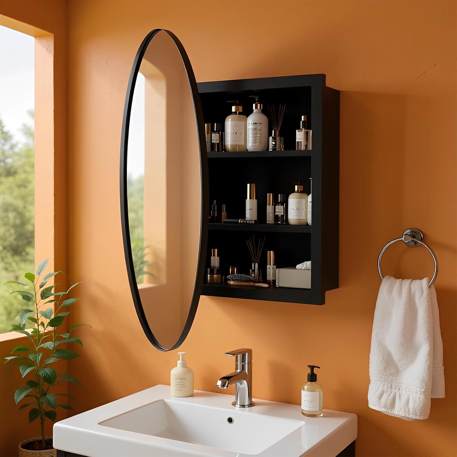 Badezimmerspiegel mit Metallrahmen für die Wand, 79 x 42 cm, Abgerundeter rechteckiger Spiegel, Badezimmerspiegelschrank mit 3 Ablagefächern, beweglichen und verstellbaren Fächern