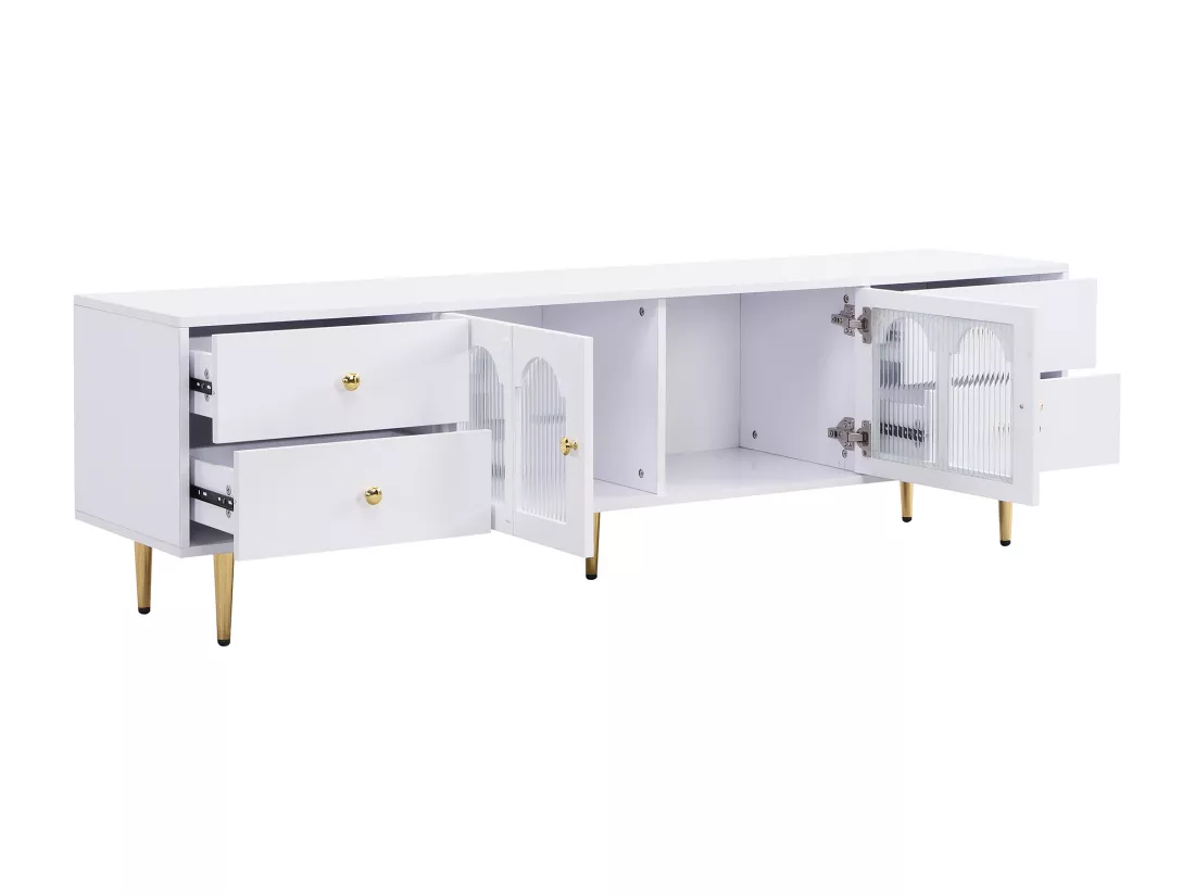 Meuble TV 170cm - 4 tiroirs et 2 portes - poignées et pieds dorés - Blanc