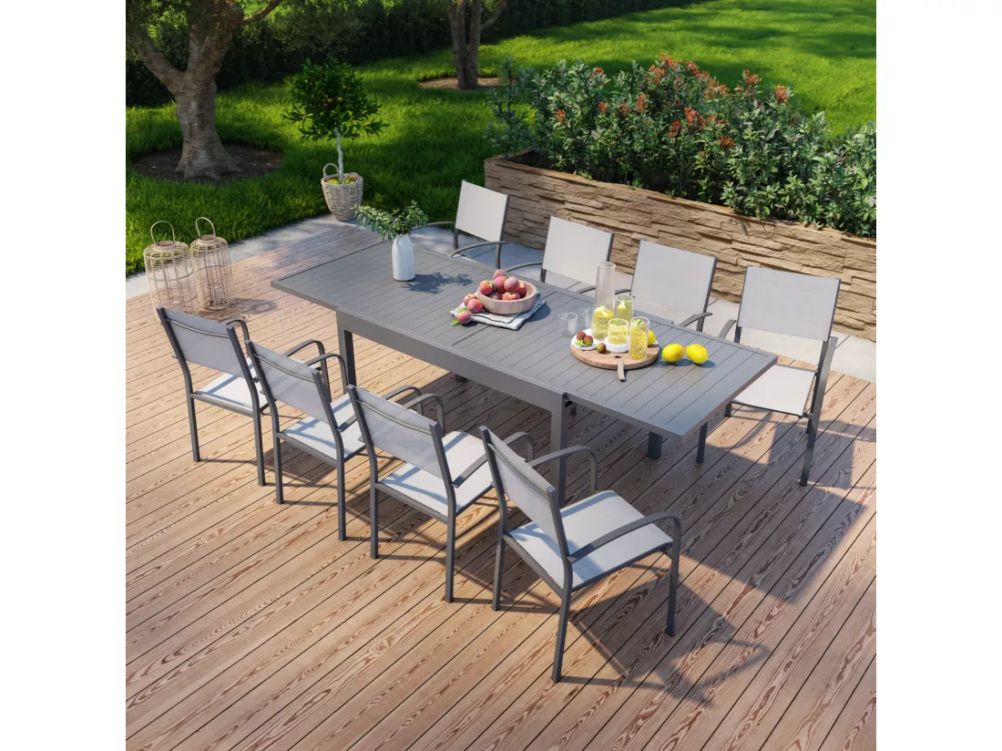 Table de jardin extensible en aluminium 270cm + 8 fauteuils empilables textilène anthracite gris - MILO 8