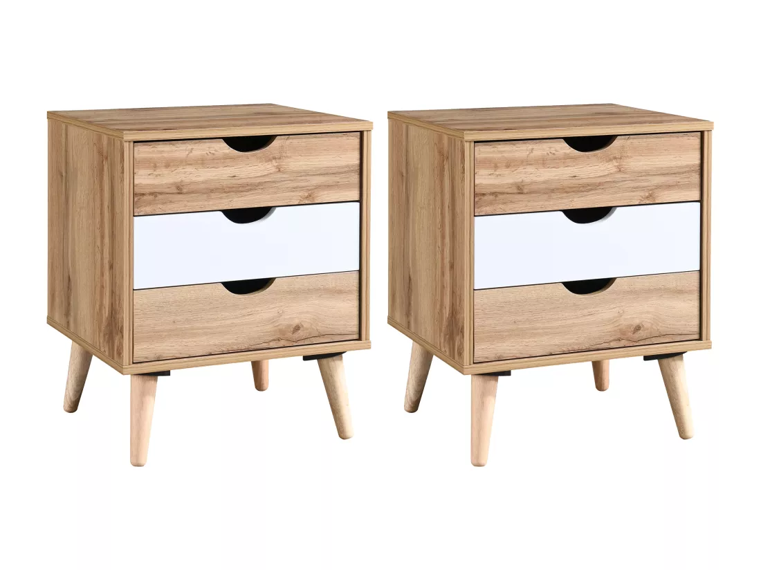 Lot de 2 tables de chevet avec 3 tiroirs - Coloris : Naturel et blanc - LURVIA