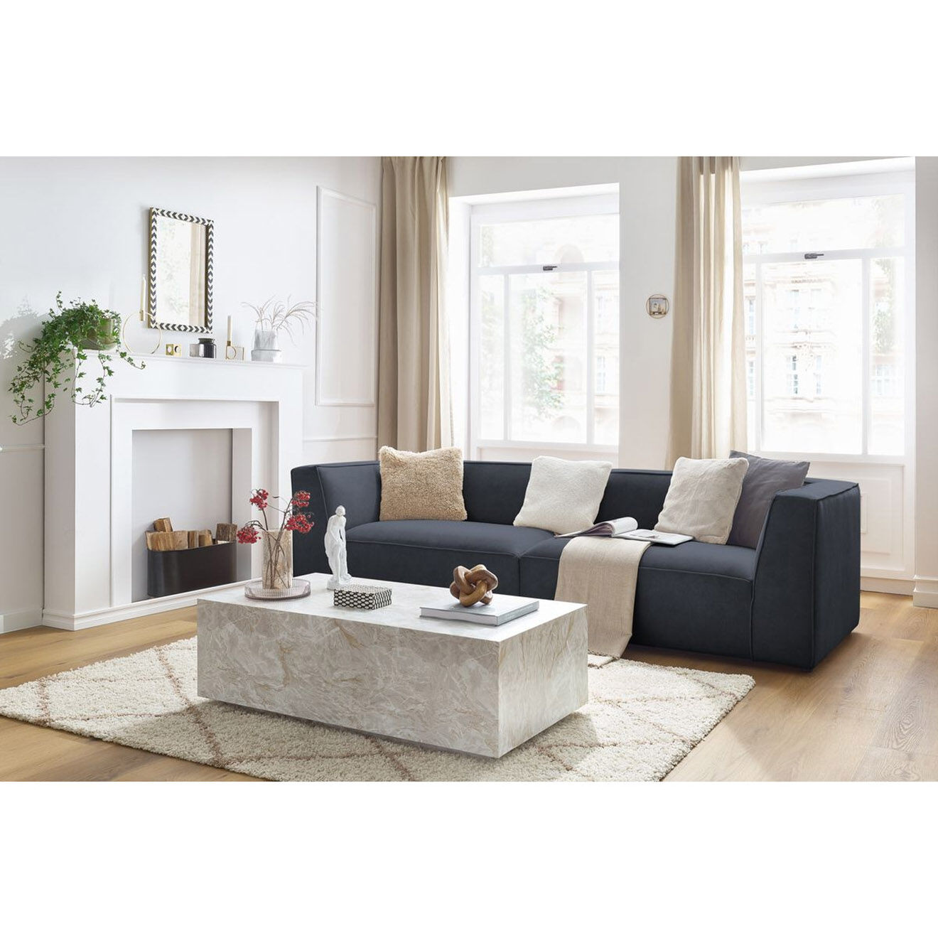 Bobochic Canapé droit fixe 4 places en Velours Molière bleu foncé - 273x99x71 cm