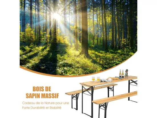 Ensemble Table Pliante et Bancs de Pique-Nique pour 4 personnes, Set de Table et Chaises en Bois pour Camping avec Tubes d'acier Pulvérisé Résistant aux Intempéries