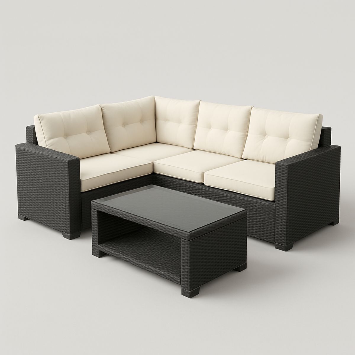 Ecksofa-Set aus Polyrattan mit Glasplatte Tisch Creme/Schwarz
