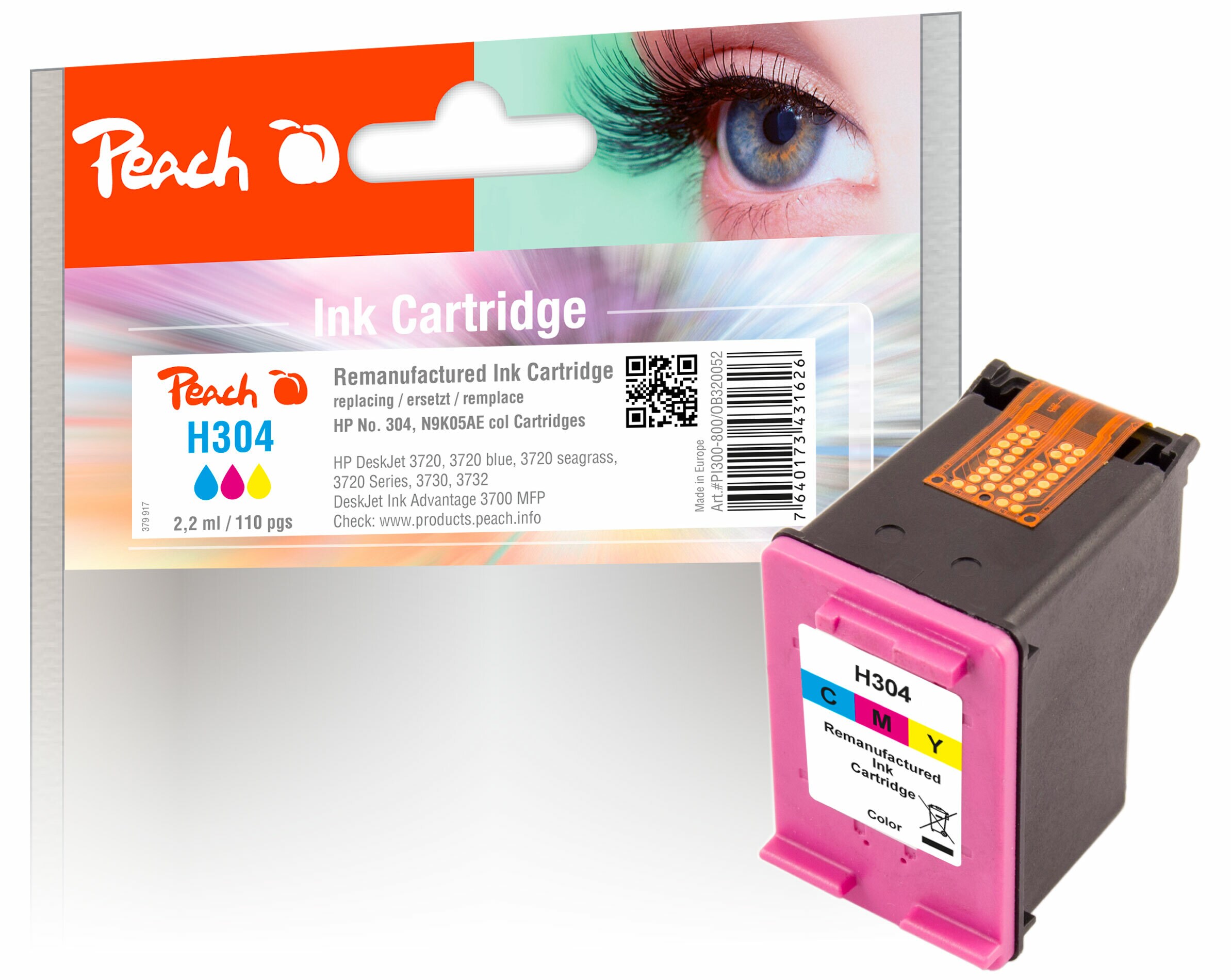 Peach HP 304 C Druckkopf col ersetzt HP No. 304 C, N9K05AE für z.B. HP DeskJet 3750, HP DeskJet 3720, HP DeskJet 3730, HP DeskJet Ink Advantage 3700 MFP (wiederaufbereitet)