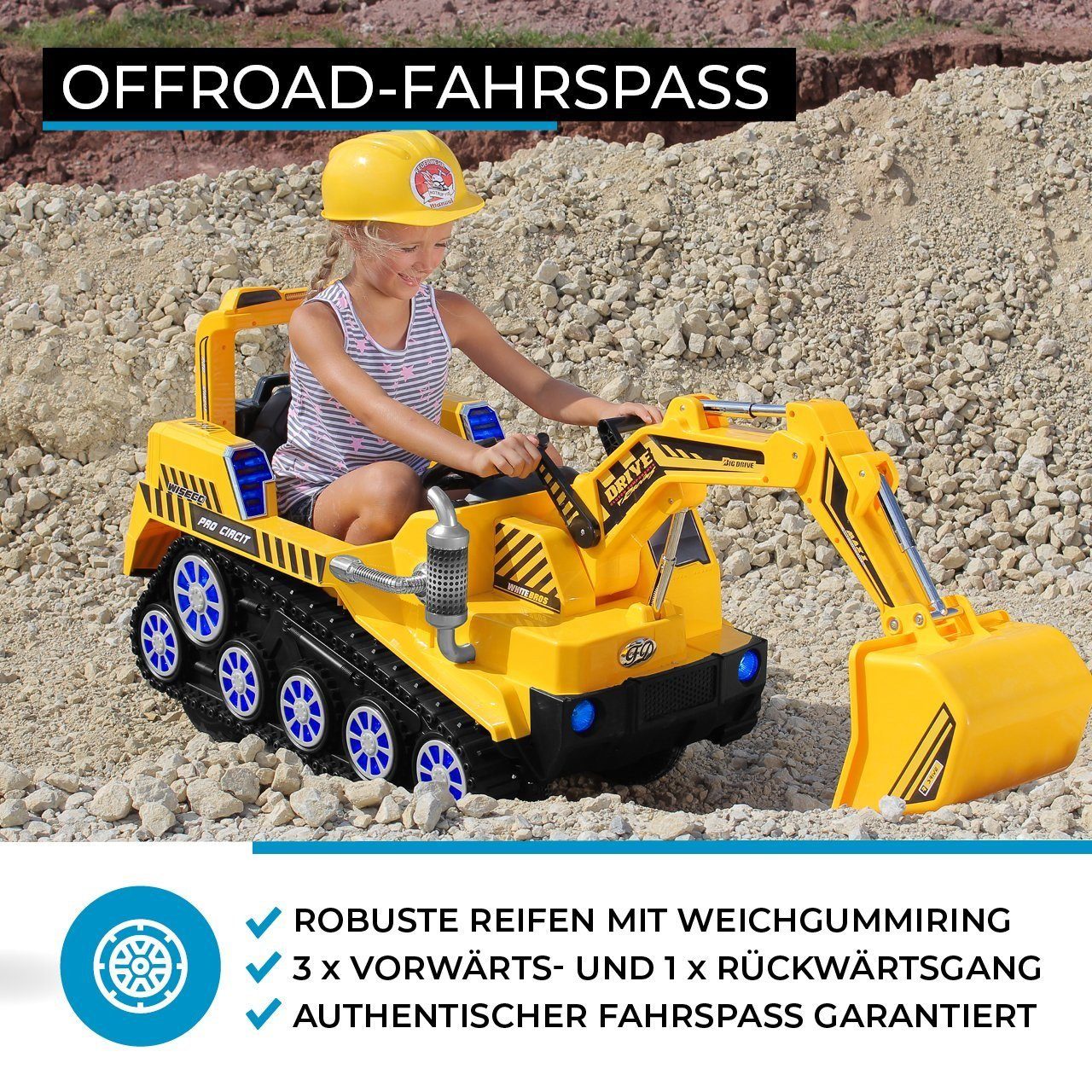 Escavadeira elétrica infantil Actionbikes Motors D2811 - inclui controle remoto e freio automático, capacidade de carga de 30 kg (3 peças), brinquedo elétrico infantil a partir de 3 anos - módulo de som - LED