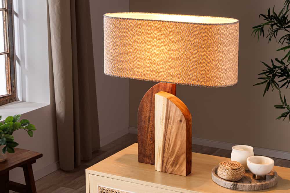 Massive Tischlampe LOVERS 60cm natur Regenbaumholz weißer Stoffschirm