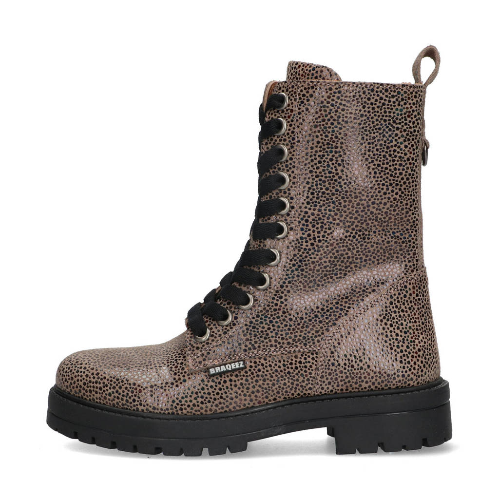 Braqeez leren veterboots taupe