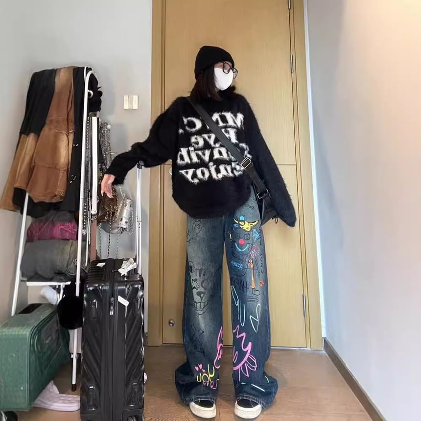 Rosesand - High Rise Washed Graffiti Print Straight Leg Wide-Leg Jeans