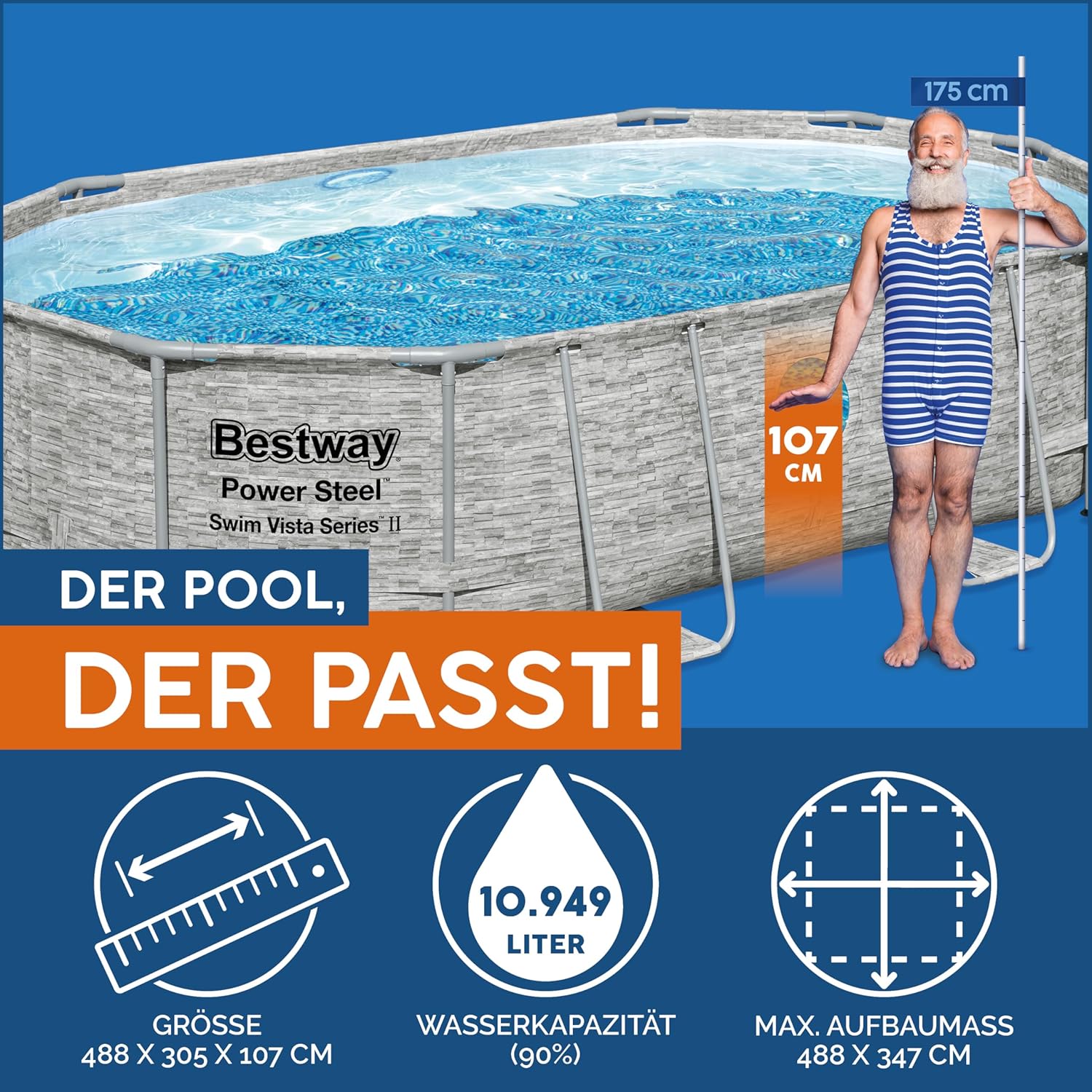 Bestway Power Steel Swim Vista Series Frame Pool Komplett-Set mit Sandfilteranlage 488 x 305 x 107 cm, Steinwand-Optik (Cremegrau), oval