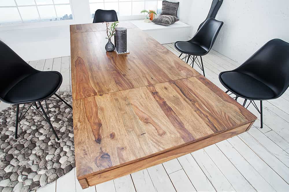 Massiver Holz Esstisch PURE 120-200cm braun Sheesham stone finish mit Ansteckplatten