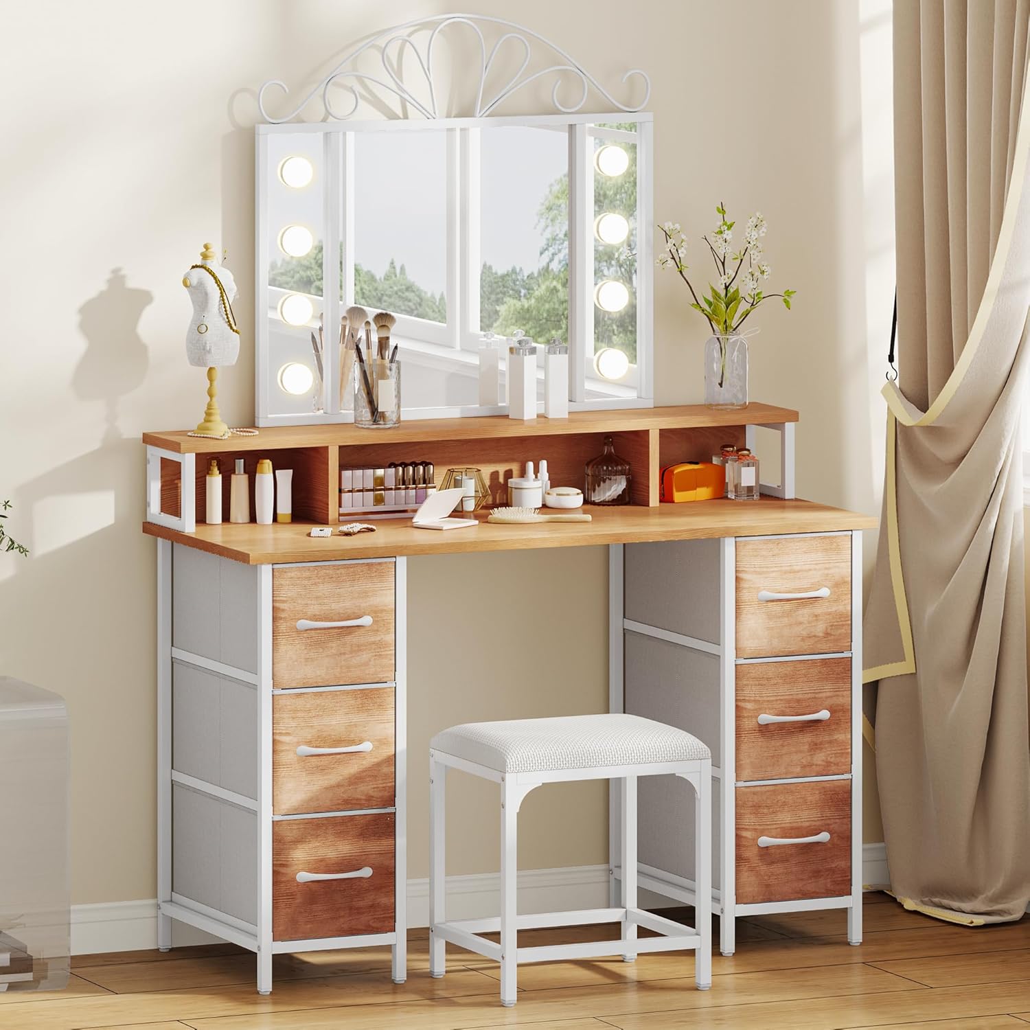 Schminktisch mit Beleuchtung,Stoffschubladen Frisiertisch mit Spiegel Schubladen Einstellbarer Helligkeit,Schminktische mit Türen, Make up Tisch mit Schmuckablage Verstellbaren Ablagen,Holzfarbe