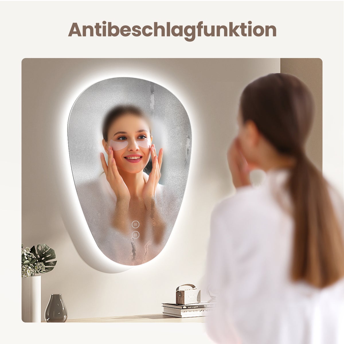 EMKE LED badkamerspiegel met aanraakschakelaar, frameloze verlichte spiegel, asymmetrisch, anti-condens, 3 dimbare lichtkleuren, 60 x 45 cm