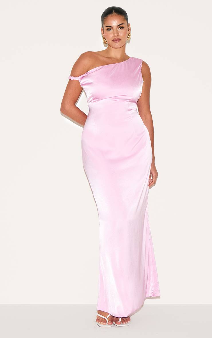 Rose Bonbon Robe Longue Grande Taille En Satin Asymétrique À Encolure Bardot Torsadée