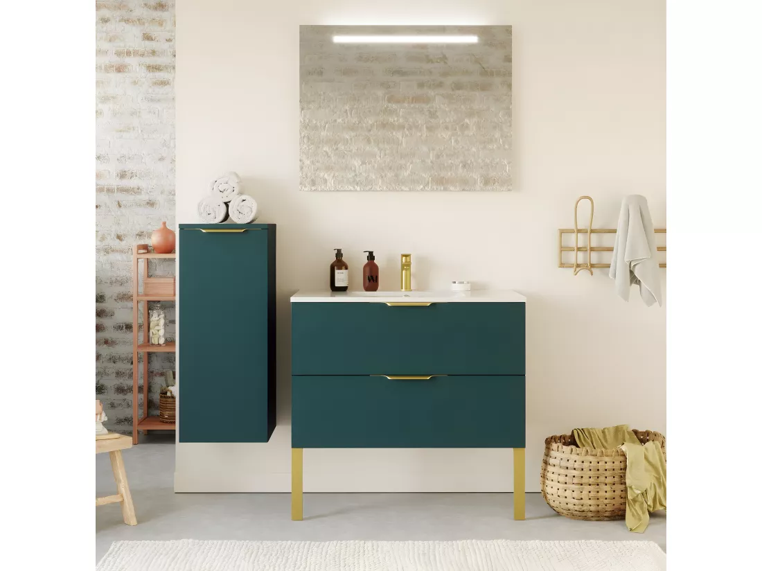 Meuble de salle de bain suspendu vasque intégrée 90cm 2 tiroirs Bleu - Venice