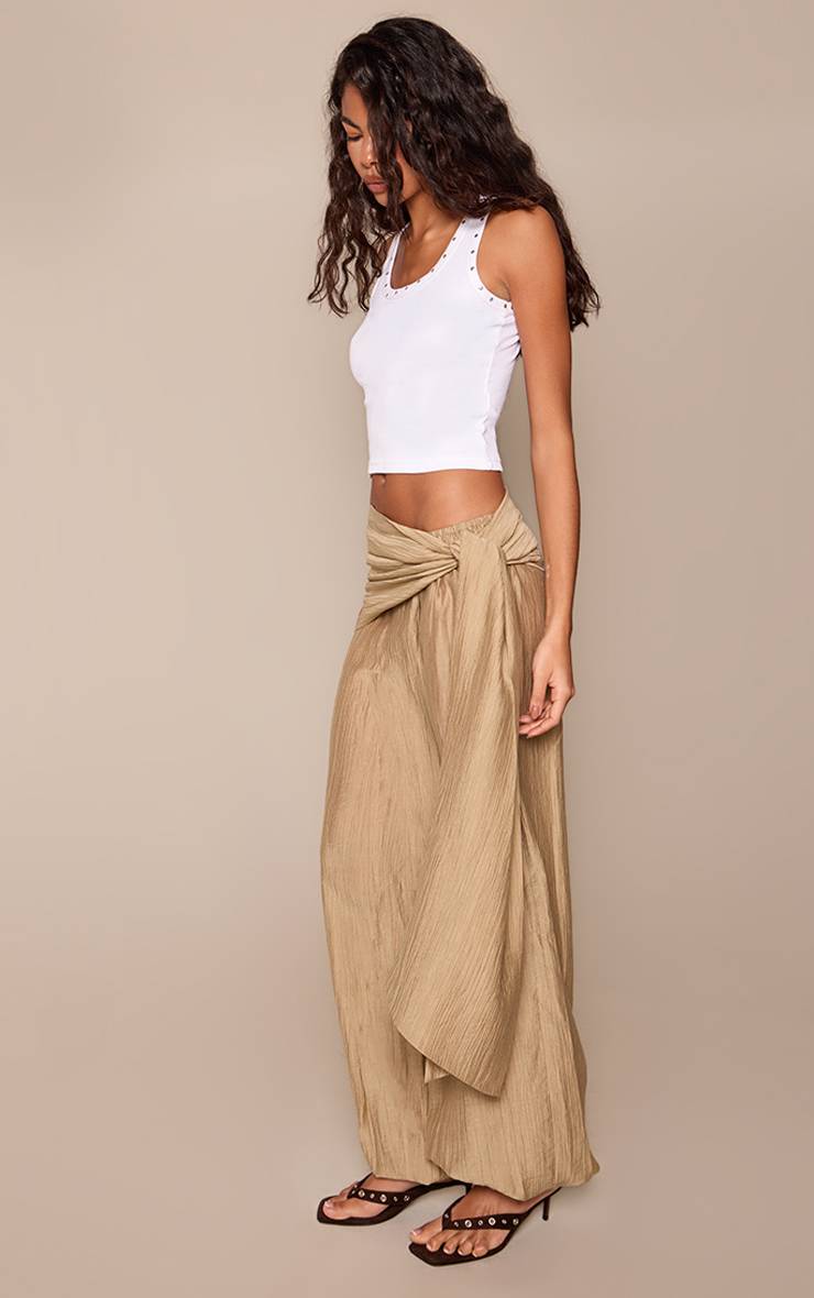 Vert Olive Pantalon Ballon Léger En Tissu Froissé Avec Lien À Nouer