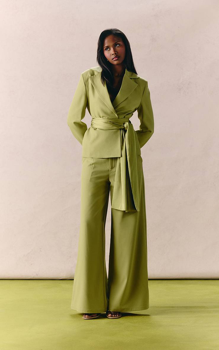 Vert Pomme Ensemble Coordonné Blazer Ceinturé Satiné Oversize Tissé